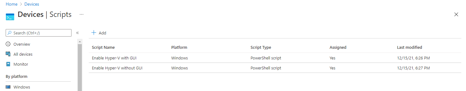 Intune Portal overview of PowerShell Scripts